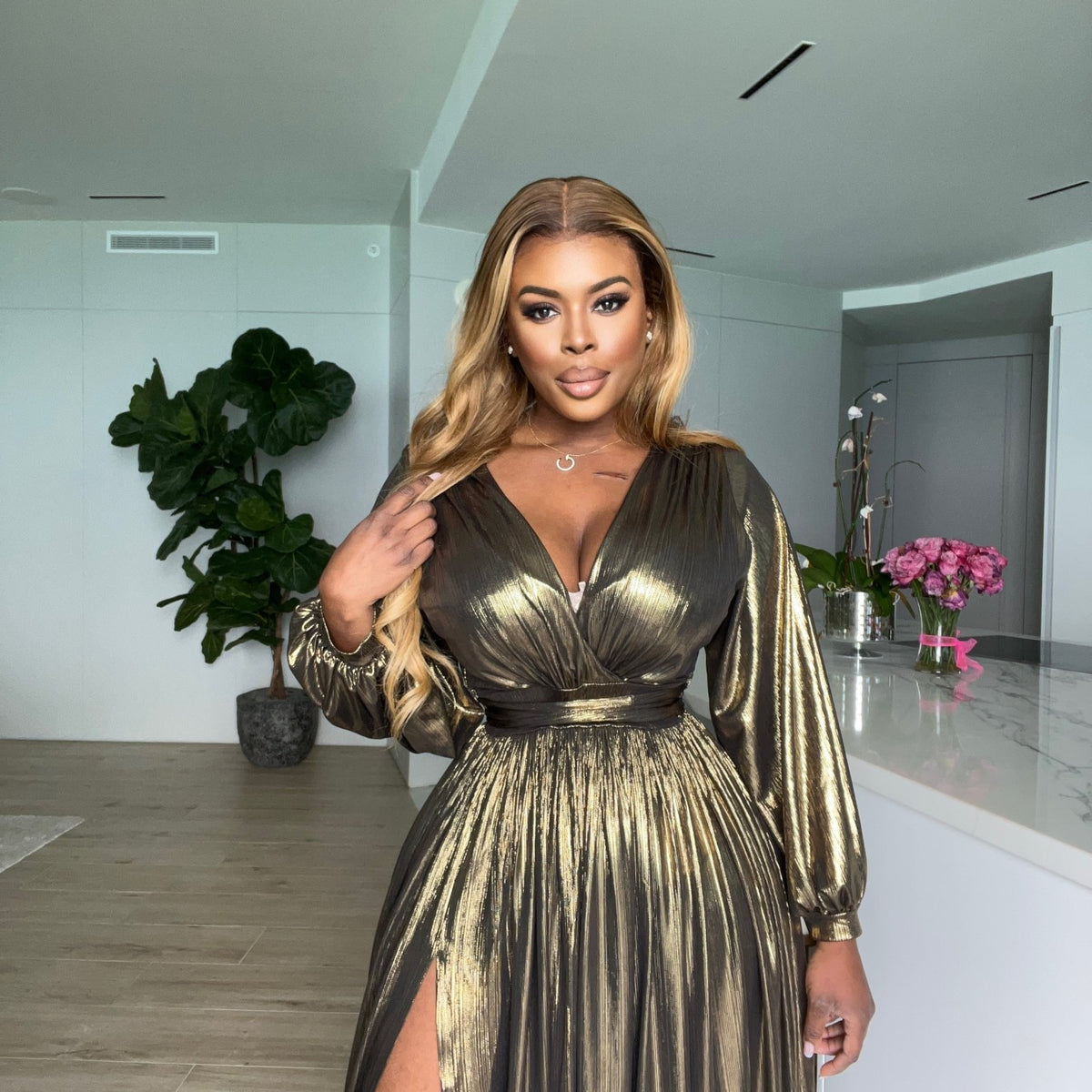 Women Plus Size Gold Metallic Fit & Flare Maxi Dress | Curvy Gyals Women Plus Size Gold Metallic Fit & Flare Maxi Dress | Curvy Gyals