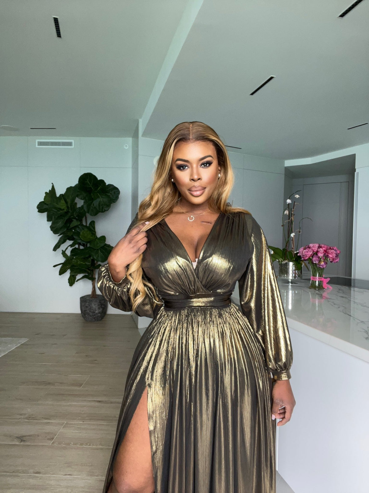 Women Plus Size Gold Metallic Fit & Flare Maxi Dress | Curvy Gyals Women Plus Size Gold Metallic Fit & Flare Maxi Dress | Curvy Gyals
