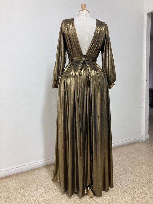 Women Plus Size Gold Metallic Fit & Flare Maxi Dress - Curvy Gyals